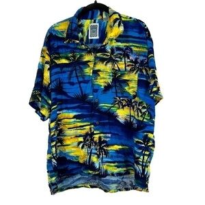 Ocean Current Vintage Palm Tree Sunset Hawaiian Shirt Chest Pocket Button Front